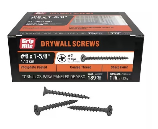 [LST158CDWS1] Grip-Rite #6 x 1-5/8 in. #2 Phillips Bugle Head Coarse Thread Drywall Screw 1 lb. Box
