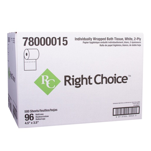 [78000015] Right Choice ™ Paper SBT Toilet Tissue 2-Ply 500-Sheets, White, 4.0" x 3.5" 96/CASE