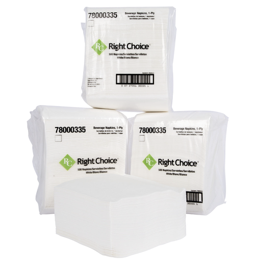 [78000335] Right Choice Beverage Napkin 1-Ply, White, 9" x 9" 8 packs of 8/500/CS