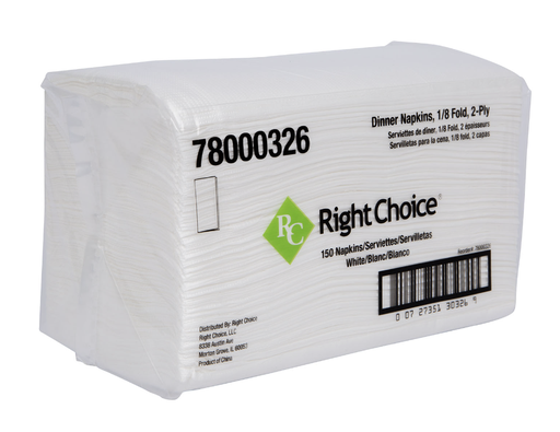 [78000326] Right Choice™ Dinner Napkin 2-Ply 1/8 Fold, White, 14.2" x 16.5" 20 packs of 150 napkins/CASE