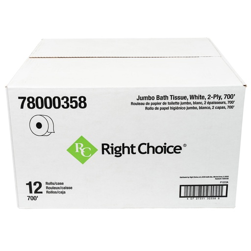 [78000358] Right Choice™ JRT Toilet Tissue 2-Ply, White, Recycled Paper, 9" x 700'