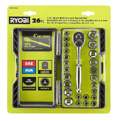 [RHMTS12601] Ryobi 1/4" Drive Ratchet And Socket Set With Case, 26 Piece