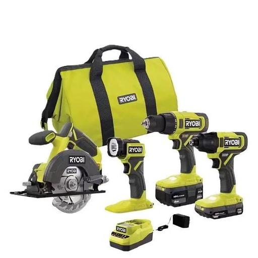 [PCL1400K2] Ryobi One+ 18v Cordless 4-Tool Kit With 1.5 Ah Battery, 4.0 Ah Battery, Charger