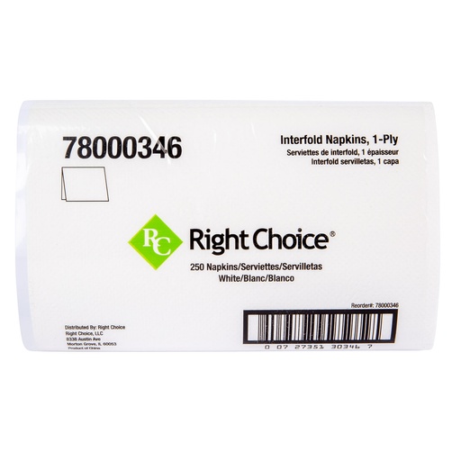 [78000346] Right Choice® Dispenser Napkin 1-Ply, White, 6.5" x 8" 24/250/CS