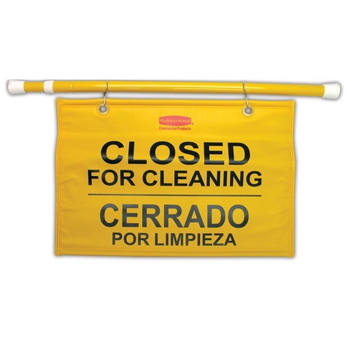 [280764] Rubbermaid Multilingual "Closed For Cleaning" Hanging Doorway Safety Sign, Yellow