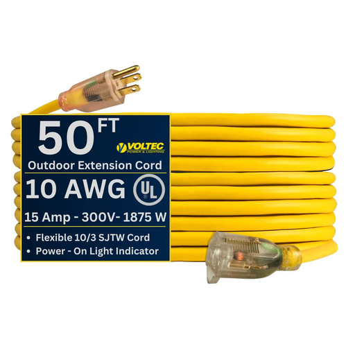 [05-00350] Voltec 10/3 Heavy-Duty Yellow Extension Cord with Lighted Plug – High-Visibility, Flexible Vinyl Jacket, SJTW, 50 ft