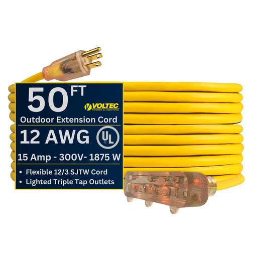 [05-00124] Voltec 12/3 SJTW Yellow Lighted Triple Tap Extension Cords – Heavy-Duty Outdoor Power, 50 ft