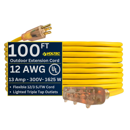 [05-00125] Voltec 12/3 SJTW Yellow Lighted Triple Tap Extension Cords – Heavy-Duty Outdoor Power, 100 ft